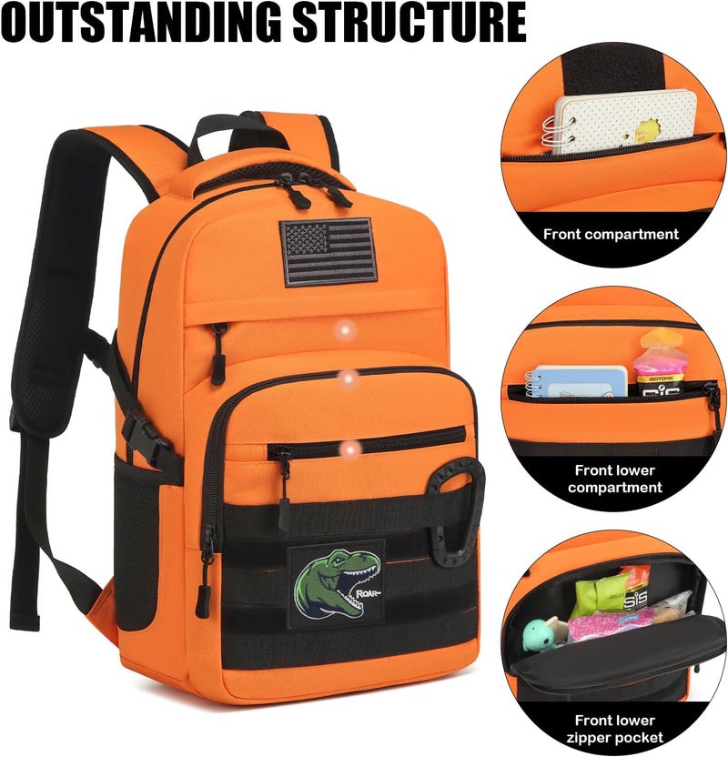 SunForMorning Kids Tactical Backpack Army Molle Bookbag Military Boys Backpack for School, Outdoor, Camping (Includes 2 Patches+1Carabiner), Orange - Image 3